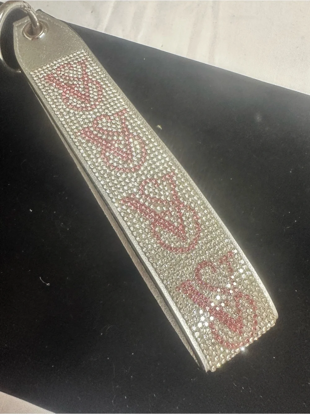 Crystal Embellished Silver Keychain Wristlet with Pink Accents